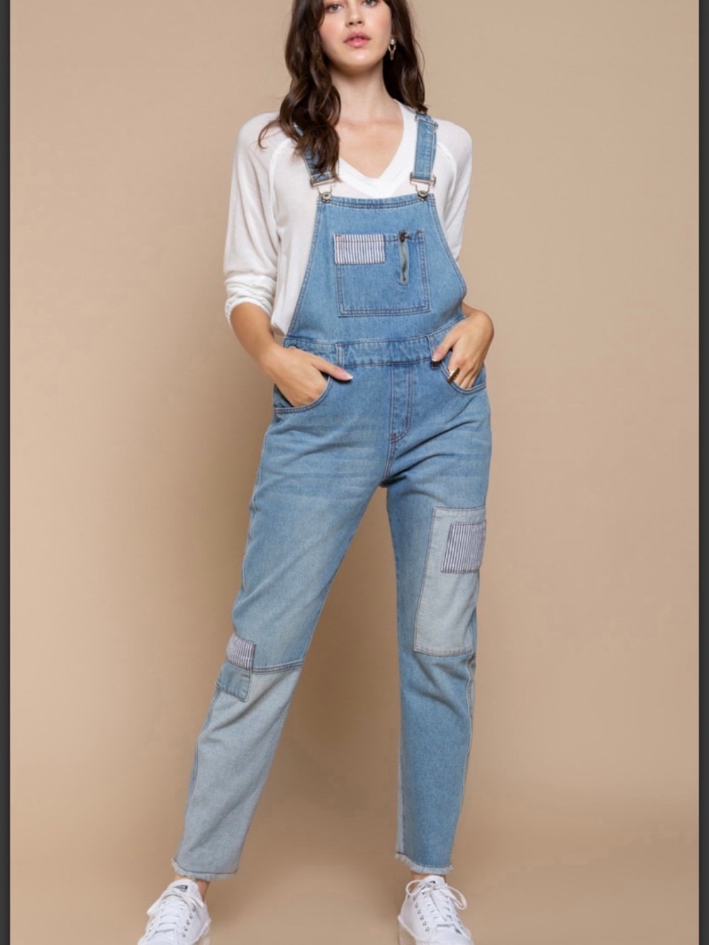 Light Blue Denim POL Overalls for Women - Casual Patchwork Jeans
